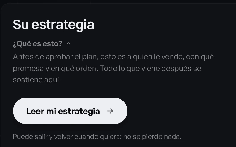 La vista del plan en el portal: la estrategia con el público, la promesa y lo que frena la compra.