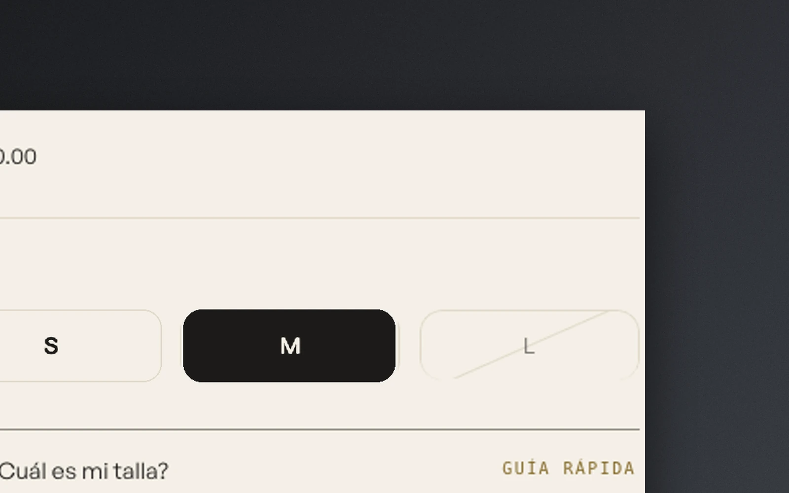 El selector de talla, con la L tachada