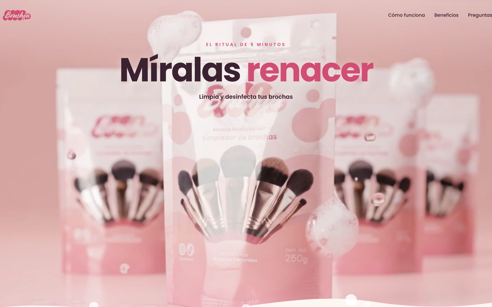 La portada de Brushia con el titular «Míralas renacer» sobre el video del producto