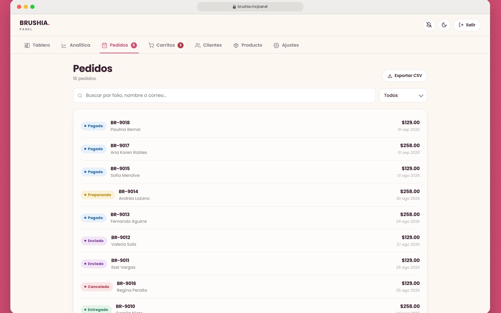 La lista de pedidos con sus sellos de estado