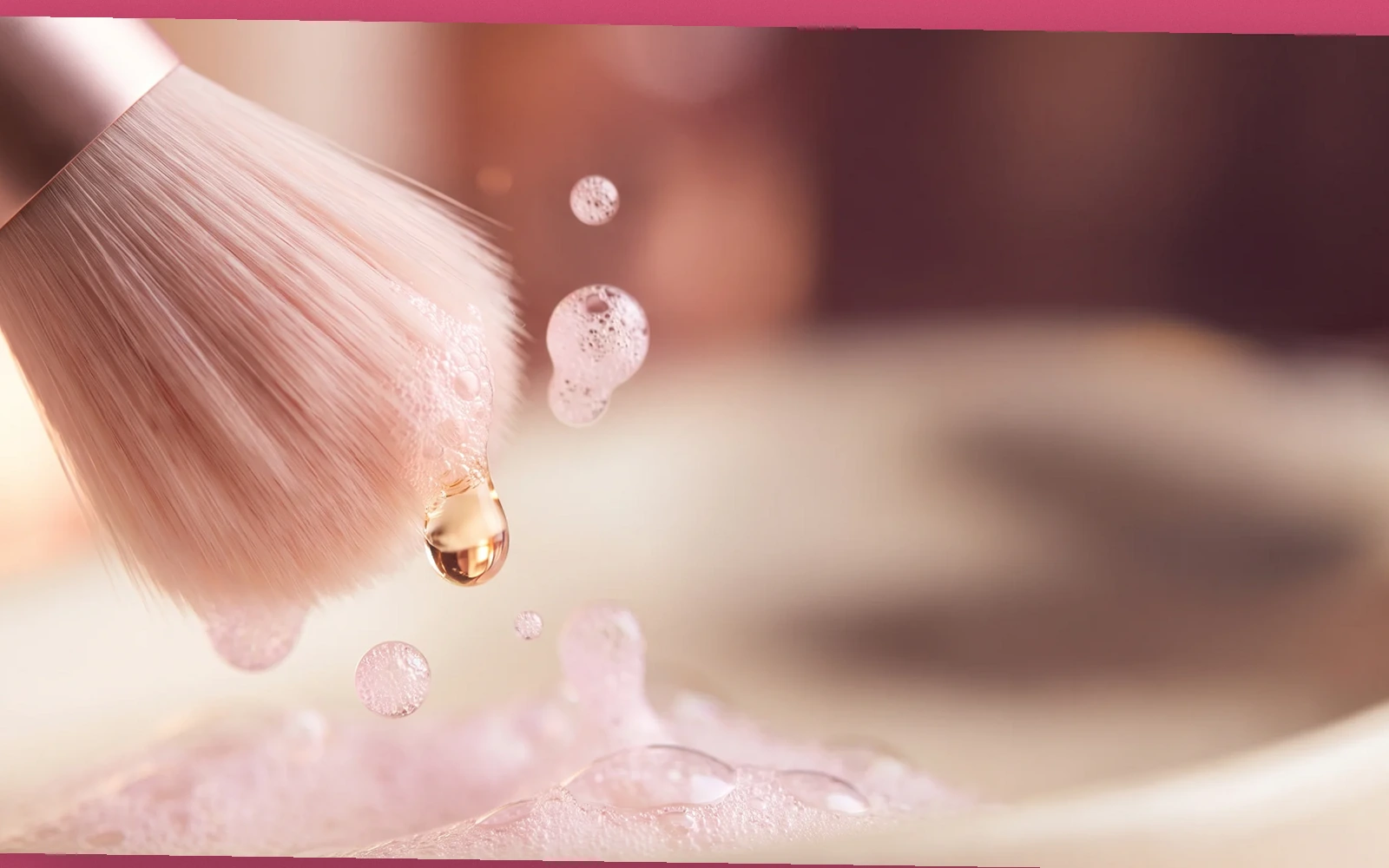 Macro de la brocha limpia con una gota cayendo sobre espuma