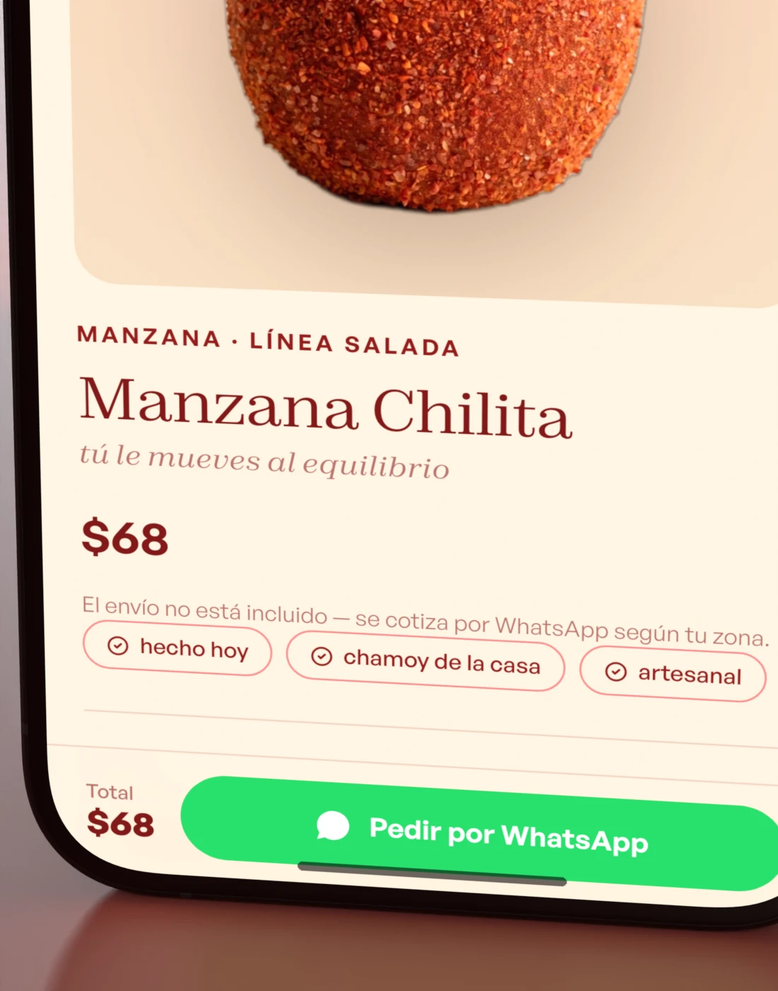 La ficha de la Manzana Chilita con su precio y la barra de pedido